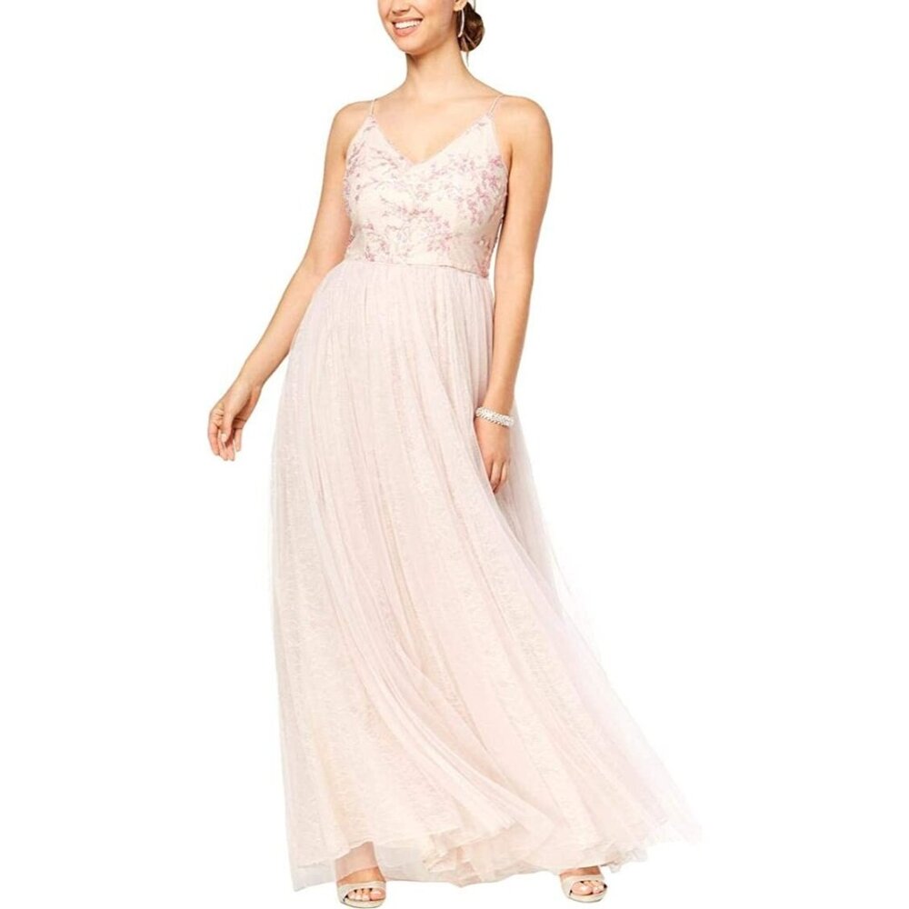 Adrianna Papell NWT 4 Sequin Spaghetti Strap Tulle Dress Gown Wedding